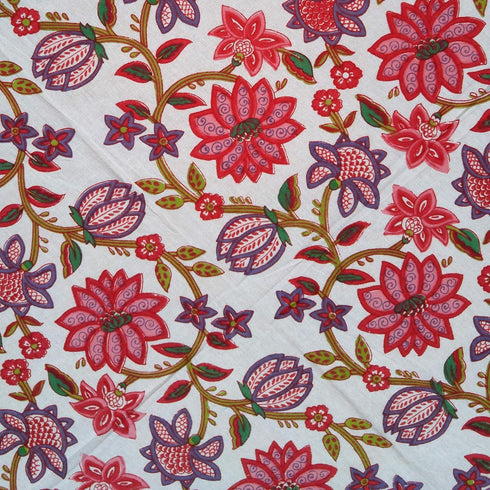 Floral Tablecloth for Round Tables, Pink Red Green White Cotton, 90 inches