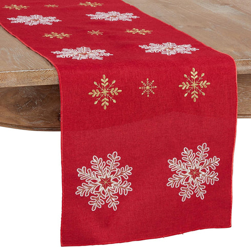 Saro Lifestyle Red Embroidered Snowflake Design Table Runner, 16"x90"