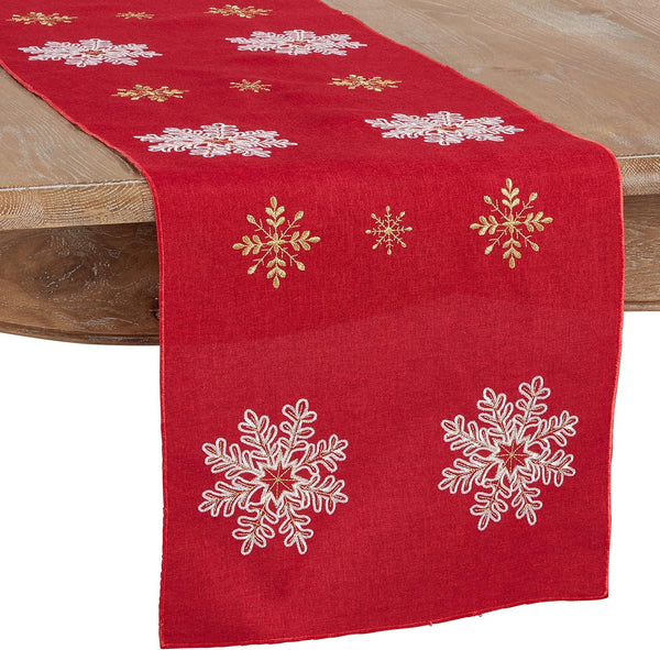 Saro Lifestyle Red Embroidered Snowflake Design Table Runner, 16"x90"