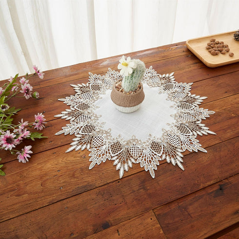 15 inches 15 White Linen Doily Round Neutral Earth Tones Beige Lace Coffee Table Topper Dresser Scarf Place Mats