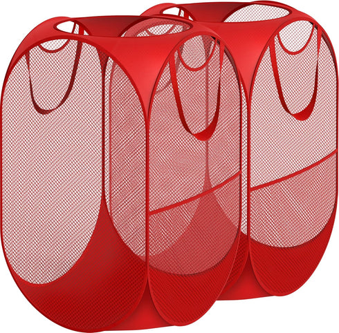 Simple Houseware Mesh Pop-Up Laundry Hamper Basket, Red - 2 Pack with Side Pocket
