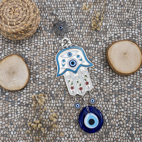 Turkish Blue Hamsa Hand of Mother Fatima Evil Eye Wall Hanging Ornament, Good Luck Charm