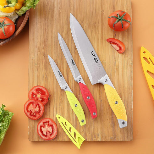 Chef Knife Set, 3PCS Multicolor Stainless Steel Kitchen Knives, 8" Chef's, 4.5" Utility, 4" Paring Knife (3Pack)