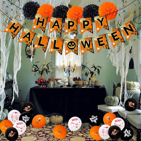 62PCS Halloween Party Decorations Set, Photo Booth Props, Banner, Balloons, Spider Pumpkin Supplies