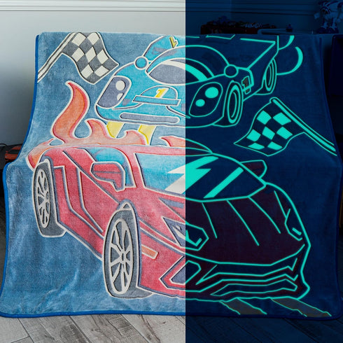 Glow in the Dark Race Car Throw Blanket – Fun Gift for Kids Who Love Toy Cars & RC Cars, Cool Hot Rod Design