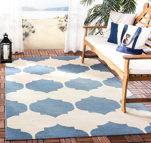 SAFAVIEH Courtyard Collection 2'7" x 5' Beige/Blue CY6162 Waterproof Indoor/Outdoor Easy-Cleaning Area Rug for Patio