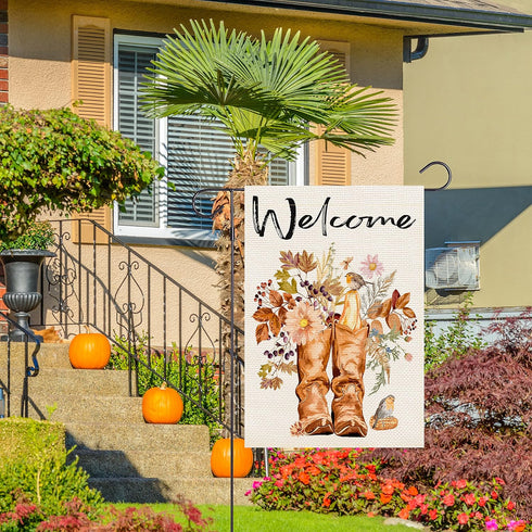 Welcome Boots Garden Flag, Vertical Double Sided Flower Bird Autumn Fall Decor 12.5 x 18 Inches