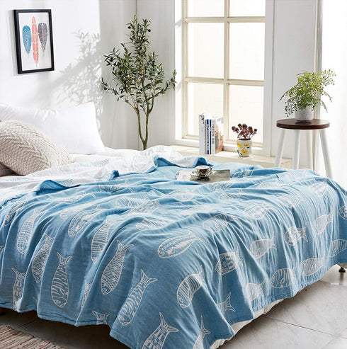 MEJU Summer 100% 3 60 80 Fish Blue Muslin Lightweight Blanket for Bed Sofa Couch Combed Cotton Layer Soft Warm Quick
