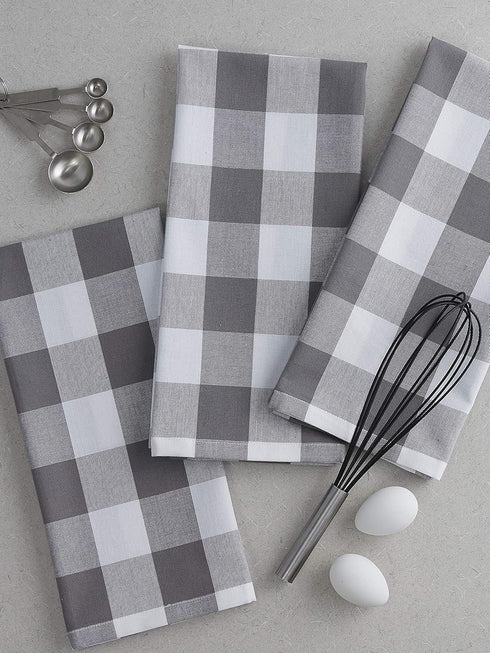 DII Buffalo Check Kitchen Collection - Classic Farmhouse Dishtowel Set, 20x30, Gray & White, 3 Piece