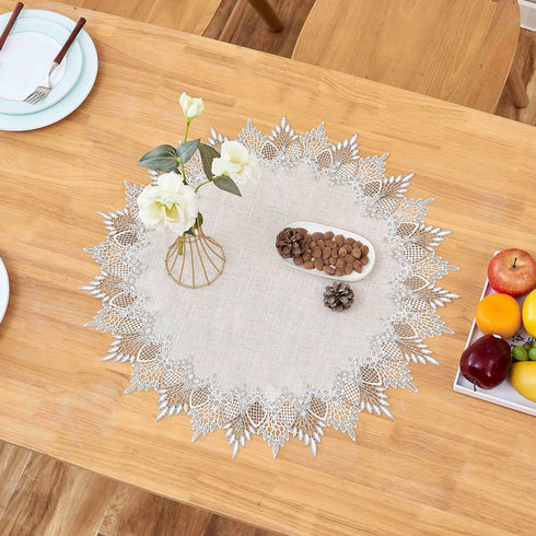 24 inches 24 Natural Linen Doily Round Neutral Earth Tones Beige Lace Coffee Table Topper Dresser Scarf Place Mats