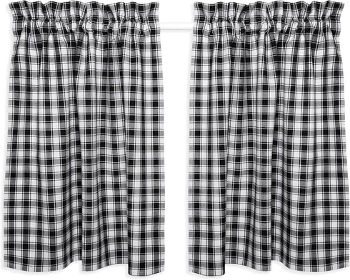 Cackleberry Home Set of 2 Black and White French Check Cafe Curtains, Woven Cotton 28"W x 24"L