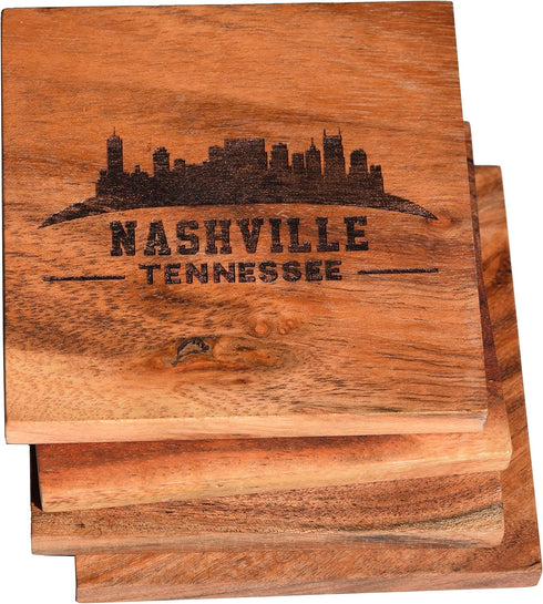 Nashville Coasters, Engraved Acacia Wood Drink Coasters with Nashville Skyline Design - Nashville Gifts (Set of 4)