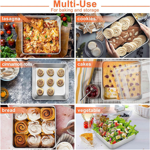 Herogo 8”x 8” Square Cake Pan Set, Stainless Steel with Lid for Brownies, Lasagna, and Cakes, 2 Pans + 2 Lids