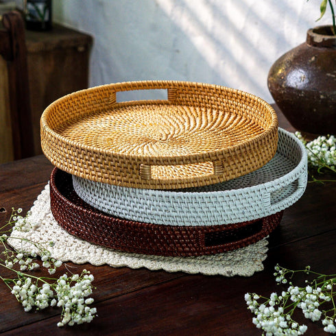 12 Counter JUNGLE CULTURE Handmade Round Wicker Tray Whitewashed Decorative Rattan Serving Basket for Coffee Table