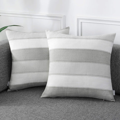AmHoo Pack of 2 Light Grey Beige Farmhouse Stripe Check Throw Pillow Covers, Cotton Linen Decorative Cushion Case