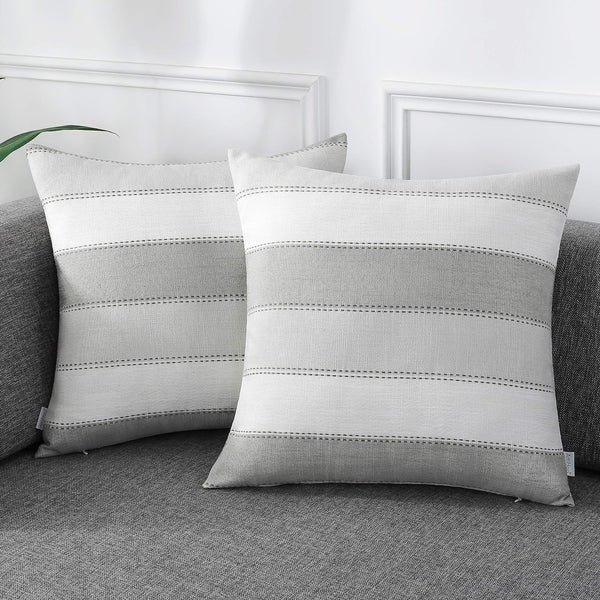 AmHoo Pack of 2 Light Grey Beige Farmhouse Stripe Check Throw Pillow Covers, Cotton Linen Decorative Cushion Case