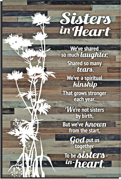 Sisters in Heart Wood Plaque - Made in the USA, 6x9 Inch Rustic Vertical Frame Wall and Tabletop Decoration