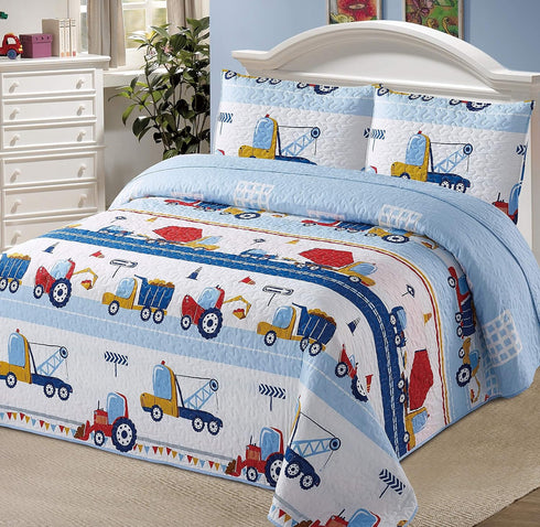 Kids Zone Home Linen Bedspread Coverlet Quilt Set for Boys Construction Work Road Trucks Blue Red