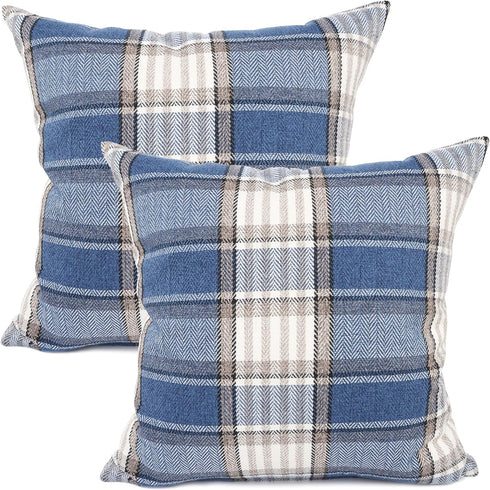 YOUR SMILE Set of 2 Blue/Stripe Cotton Linen Decorative Throw Pillow Cases, 18 x 18 Inch Buffalo Tartan Chequer Plaid