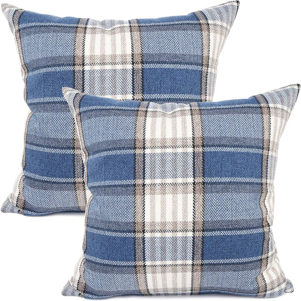 YOUR SMILE Set of 2 Blue/Stripe Cotton Linen Decorative Throw Pillow Cases, 18 x 18 Inch Buffalo Tartan Chequer Plaid