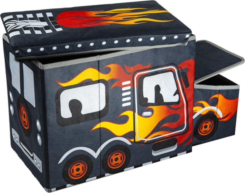 KAP Toy box for boys, Junior size, interactive Light up LED Toy chest, Children's Decorative Racing Truck Storage Bin