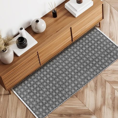 THE BEER VALLEY Diamond Woven Runner Rug 2'x6', Black Anti-Slip Cotton Rug for Hallway Kitchen Living Room
