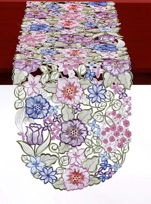Flowery Table Runner 13"×54", Cutwork Embroidered Floral Dresser Scarf for Home Kitchen Dining
