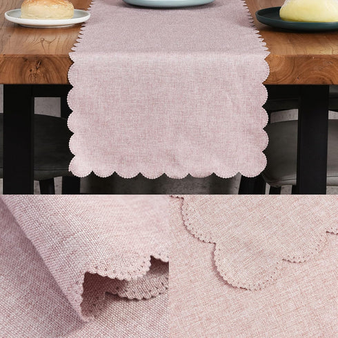 Winotic 13 90 Inches (13 90, Table Runner x Long, Cotton Linen Farmhouse Scallop Style Pink Table Linen for Kitchen