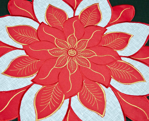 Embroidered Holiday Christmas Doily Placemat, Red White and Gold Star Poinsettia Small Table Topper (24 Inch)