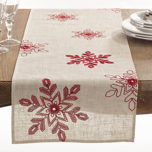 Saro Lifestyle Embroidered Snowflakes Table Runner, 16"x90", Red