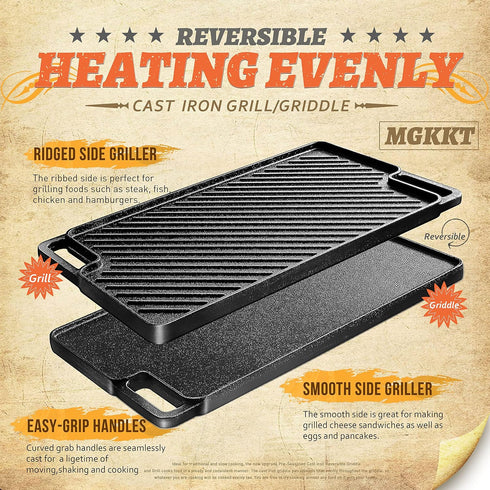 Reversible Pre-Seasoned Cast Iron Griddle Plate | 1-Piece 16.50 Inch Grill Pan for Gas Stovetop & Oven Use