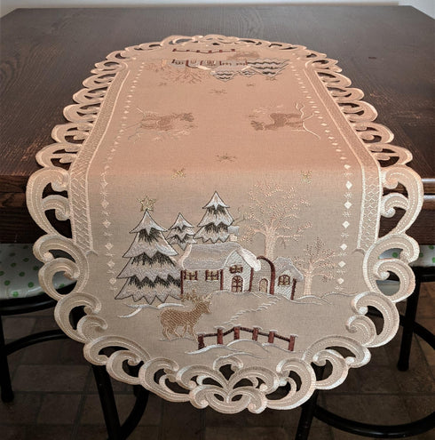 Christmas Table Runner with Reindeer and Cabin, Tan Burlap Style Material, Size 34 x 15 inches