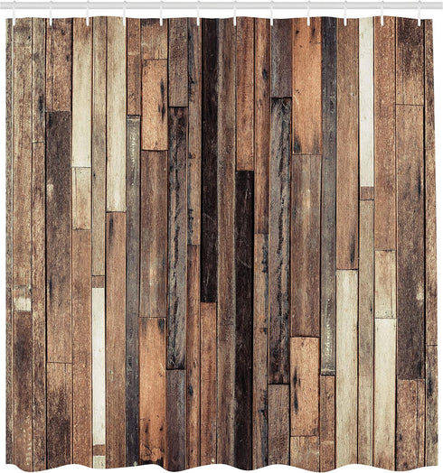 Ambesonne Wooden Shower Curtain Set, 69" W x 75" L, Brown - Farmhouse Style Bathroom Decor with Hooks
