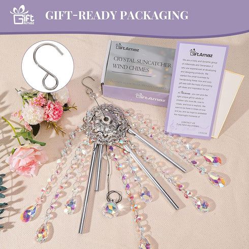 4 GiftAmaz Crystal Suncatcher Wind Chimes with Tuned Tubes, Hanging Prism Rainbow Maker Chandelier Crystal Pendant Wind