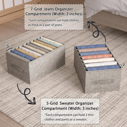 Large 5-Grid Wardrobe Clothes Organizer for Jeans, Pants, Sweaters, Stackable Drawer Organizer with Handles, Gray Linen