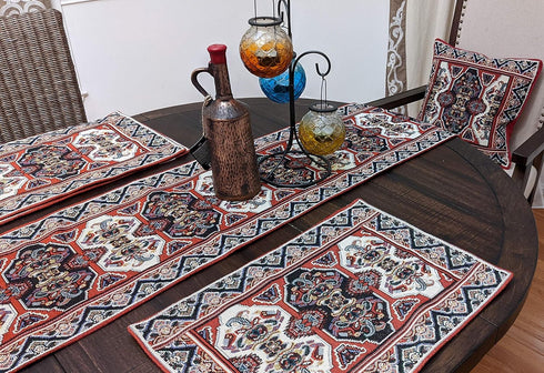 DaDa Bedding Majestic Red Kilim Rug Placemats - Set of 4 Cotton Kitchen Mats, Royal Persian Design - 13” x 19”