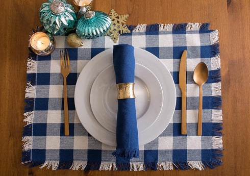 DII Heavyweight Fringed Check Tabletop Collection, Navy Placemat Set, 6 Piece, 13x19