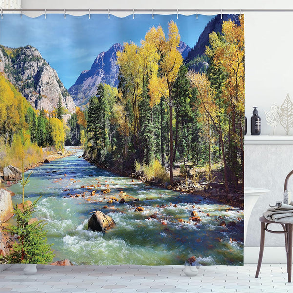 Ambesonne Landscape Shower Curtain, Cloth Fabric Bathroom Decor Set with Hooks, 69" W x 70" L, Mustard Green Blue,