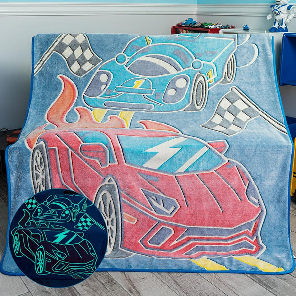 Glow in the Dark Race Car Throw Blanket – Fun Gift for Kids Who Love Toy Cars & RC Cars, Cool Hot Rod Design