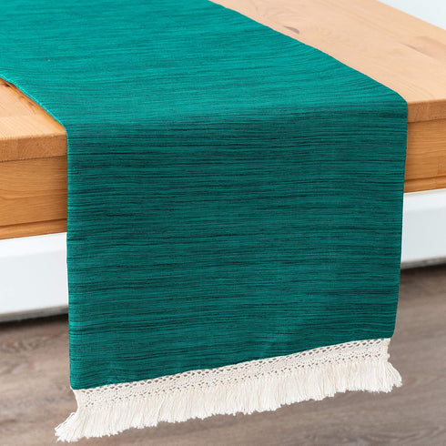 Teal Green Kitchen Table Runners with Macrame Lace Boho Decor (Pack of 1, 13x90 inch) - Properly Finished, No Fray Edges