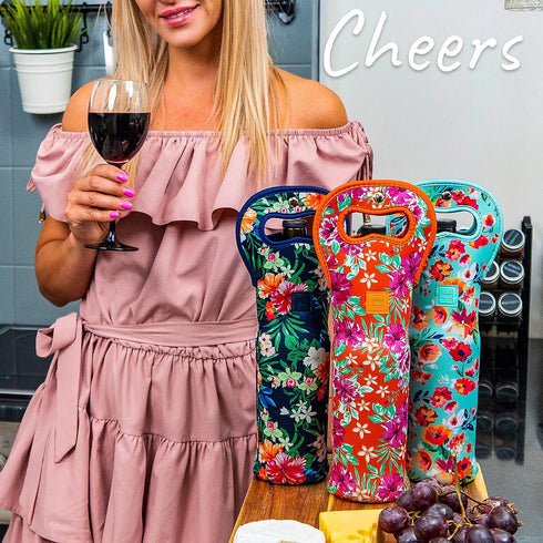 Made Easy Kit Insulated Wine Tote - Neoprene Wine Carrier Bag with Magnetic Handle Clasp, Set of 3 (Floral Patterns)
