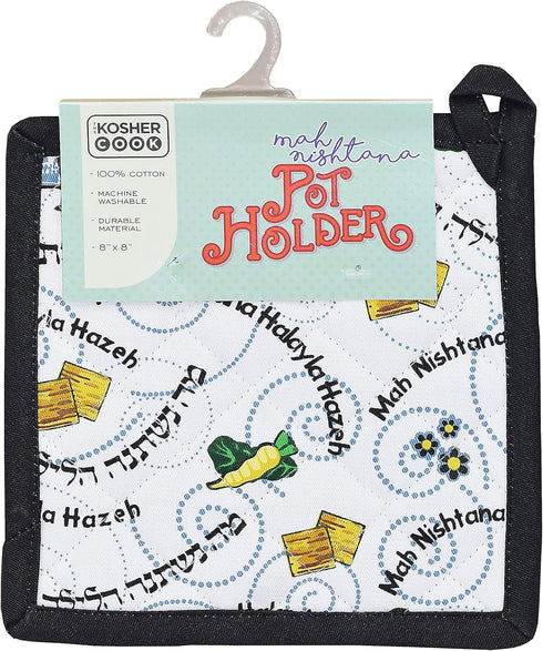 Pesach Pot Holder - Mah Nishtana Four Questions Print Design - 100% Cotton for Passover Seder and Kitchen Tools