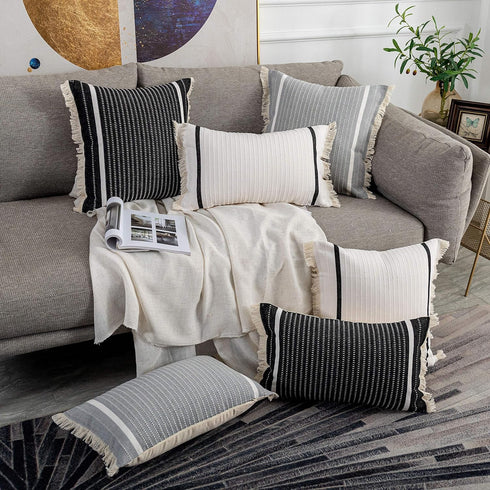 12 20 Inches, OJIA Modern Throw Pillow Cover with Tassels, Decorative Liana Fringe Accent Cushion Case, Farmhouse Woven
