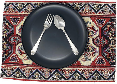 DaDa Bedding Majestic Red Kilim Rug Placemats - Set of 4 Cotton Kitchen Mats, Royal Persian Design - 13” x 19”