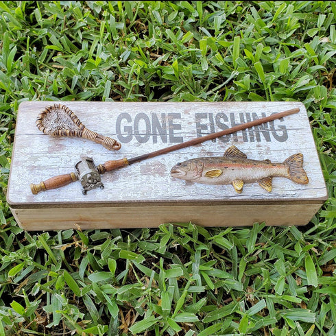 Tumbler Home Gone Fishing Wood Box - Rustic Keepsake Box for Coins, Keys, Wallet - Gift for Fisherman, Dad, Son, Grandpa