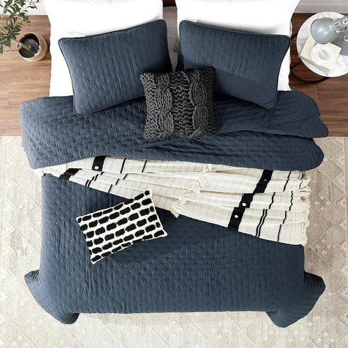 Set 3 90x90 inches ROARINGWILD Navy Blue Queen Size Quilt Bedding with Pillow Shams, Lightweight Soft Bedspread