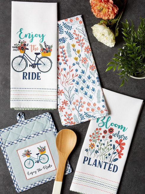 DII Kitchen Gift Set, Pot Holder & 3 Dish Towels, Enjoy The Ride, 4 Piece Collection