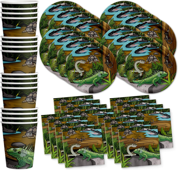 Reptile Lizard Snake Birthday Party Supplies Set, Plates, Napkins, Cups Tableware Kit for 16