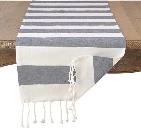SARO LIFESTYLE Cabana Collection Cotton Stripes Tasseled Runner - 16" x 72", Navy Blue