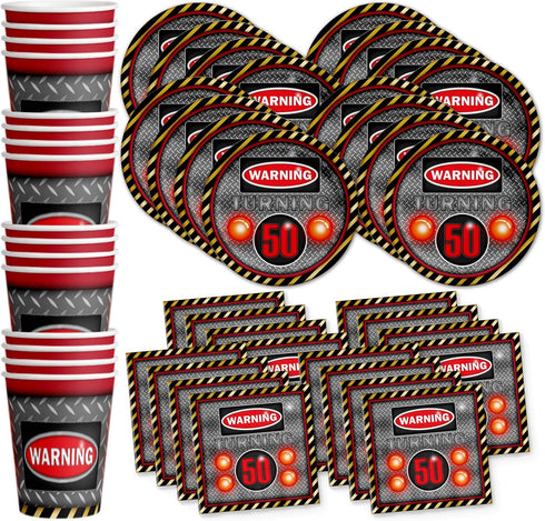 Warning Sign 50th Birthday Party Supplies Set, Plates Napkins Cups Tableware Kit for 16